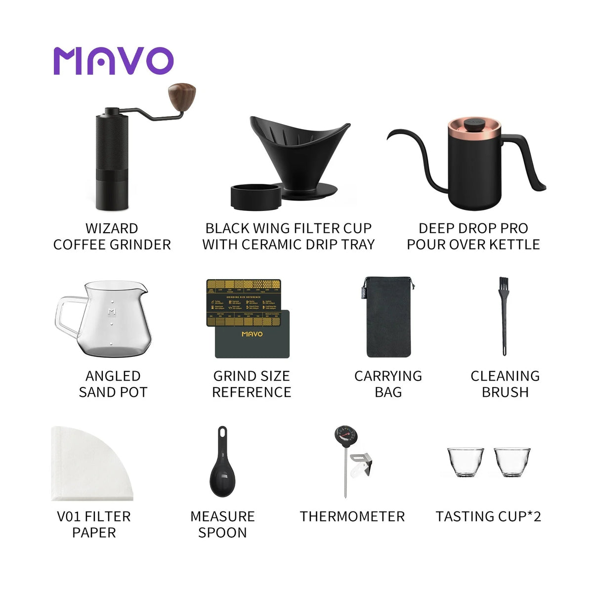 Everything in the dark MAVO pour over set, labelled: Wizard grinder, winged ceramic filter cup with drip tray, Deep Flow Pro kettle, angled server, grind size card, carrying bag, cleaning brush, V01 filter paper, measuring spoon, thermometer, two tasting cups