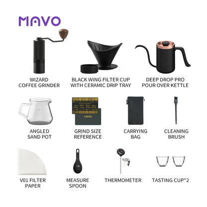 Everything in the dark MAVO pour over set, labelled: Wizard grinder, winged ceramic filter cup with drip tray, Deep Flow Pro kettle, angled server, grind size card, carrying bag, cleaning brush, V01 filter paper, measuring spoon, thermometer, two tasting cups