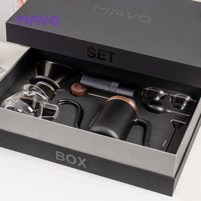 The MAVO SET BOX drawer pulled open to show the kettle, grinder, dripper, server and cups in their fitted foam tray