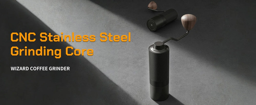 MAVO Wizard coffee grinder in black on a dark background: CNC stainless steel grinding core