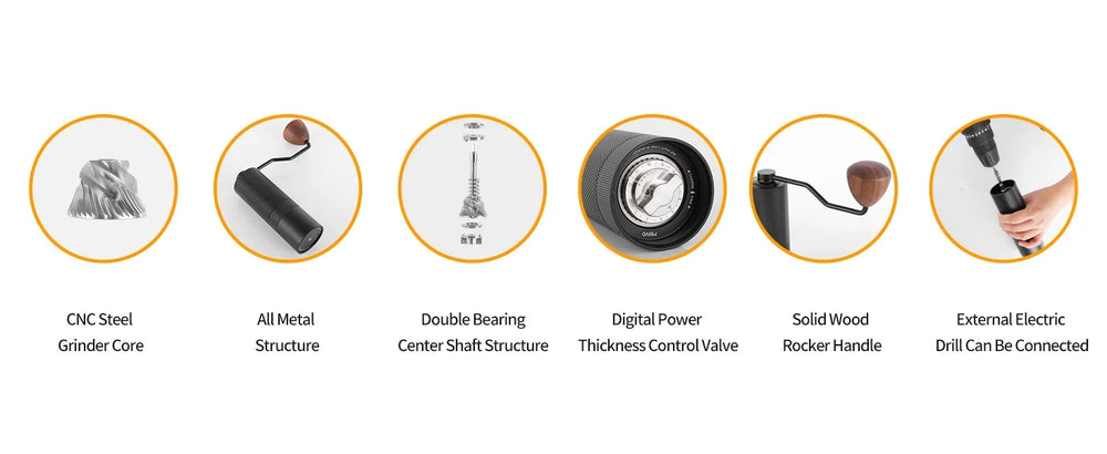 MAVO Wizard 2.0 feature icons: CNC steel grinding core, all-metal structure, double-bearing centre shaft, numbered grind dial, solid wood crank knob, and a crank shaft that accepts an electric drill