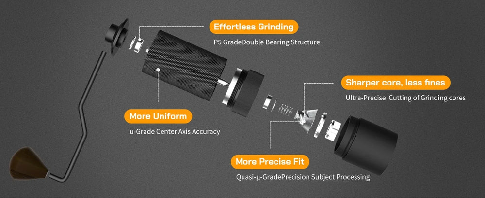 Exploded view of the MAVO Wizard 2.0: P5-grade double bearings for effortless grinding, precision-cut burr for fewer fines, accurate centre axis for more uniform grounds