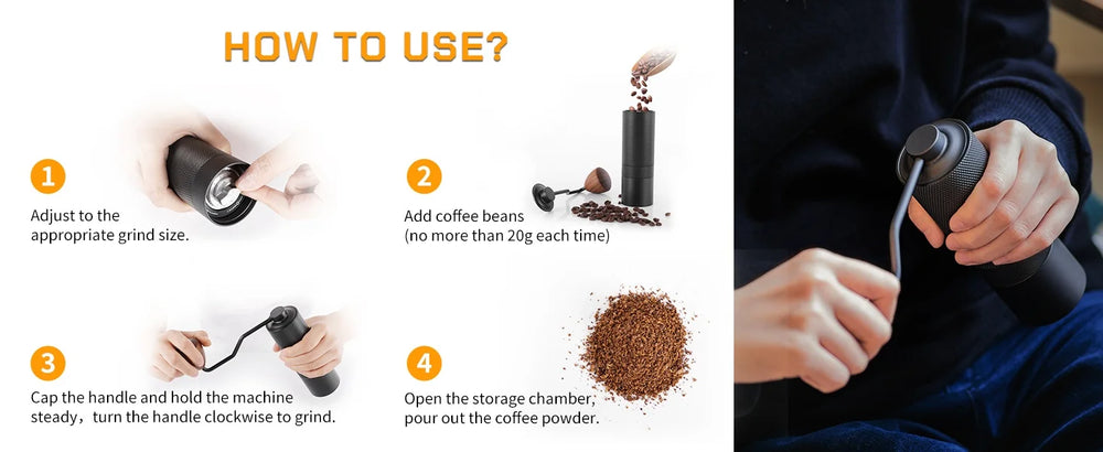 How to use the MAVO Wizard 2.0: set the grind size, add up to 20g of beans, hold the grinder steady and turn the handle clockwise, then open the chamber and pour out the grounds