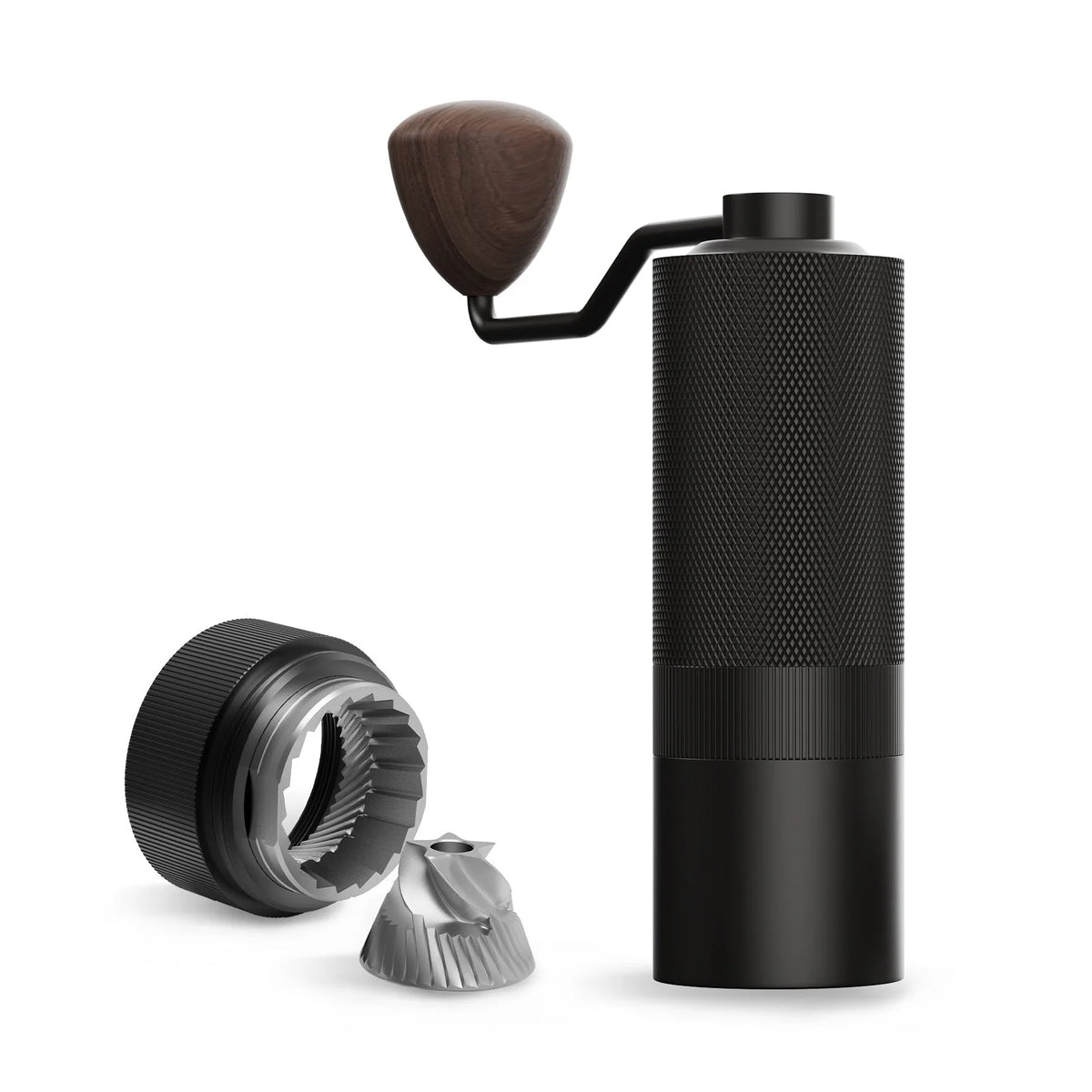 MAVO Wizard 2.0 manual coffee grinder in black with dark wood knob, shown beside its removed outer burr ring and stainless steel conical burr