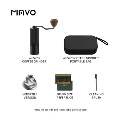 What comes with the MAVO Wizard 2.0 in black, Versatile version: grinder, portable carrying case, Versatile burr, grind size reference card and cleaning brush