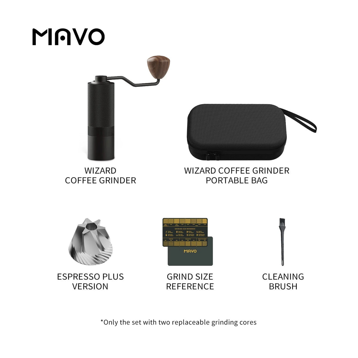 What comes with the MAVO Wizard 2.0 in black, Espresso Plus version: grinder, portable carrying case, Espresso Plus burr, grind size reference card and cleaning brush