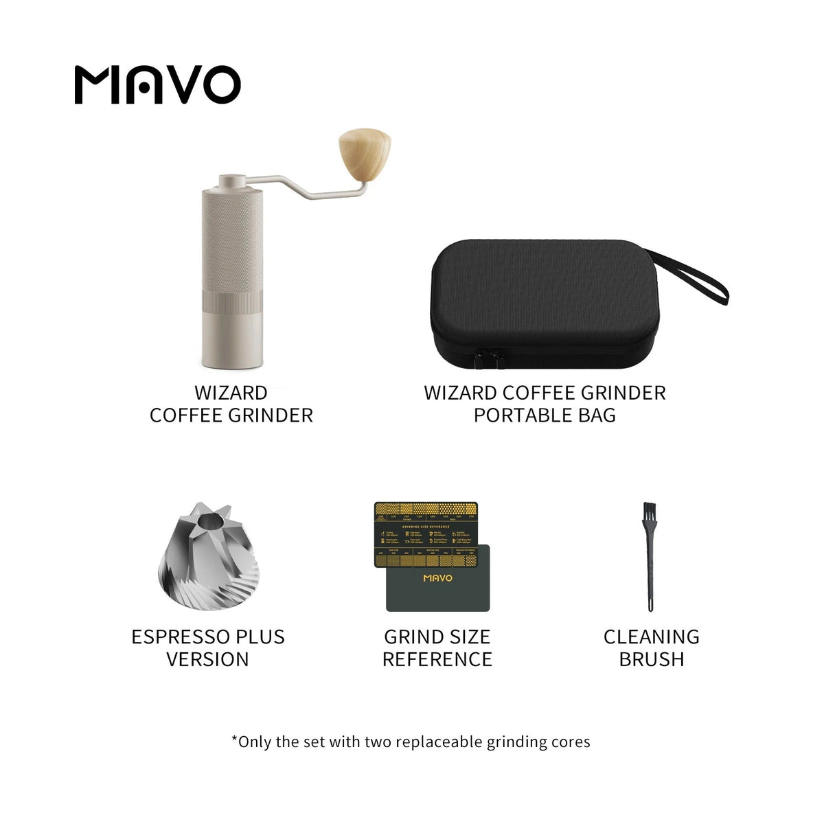 What comes with the MAVO Wizard 2.0 in silver, Espresso Plus version: grinder, portable carrying case, Espresso Plus burr, grind size reference card and cleaning brush