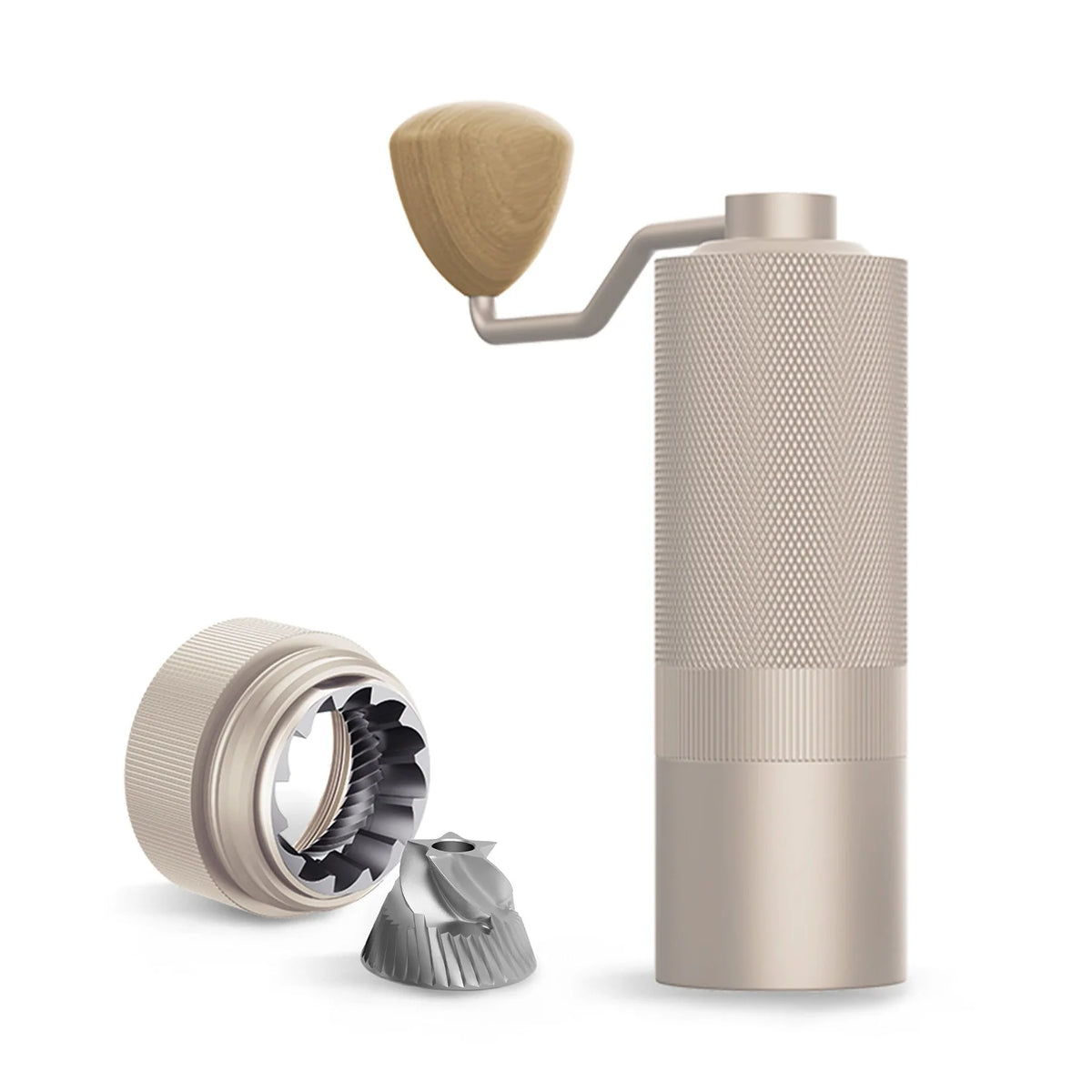 MAVO Wizard 2.0 manual coffee grinder in silver with light wood knob, shown beside its removed outer burr ring and conical burr