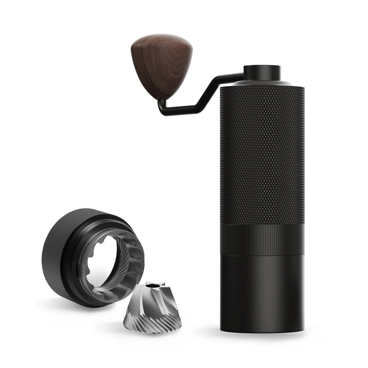 Black MAVO Wizard 2.0 with its outer burr ring and alternative stainless steel conical burr removed