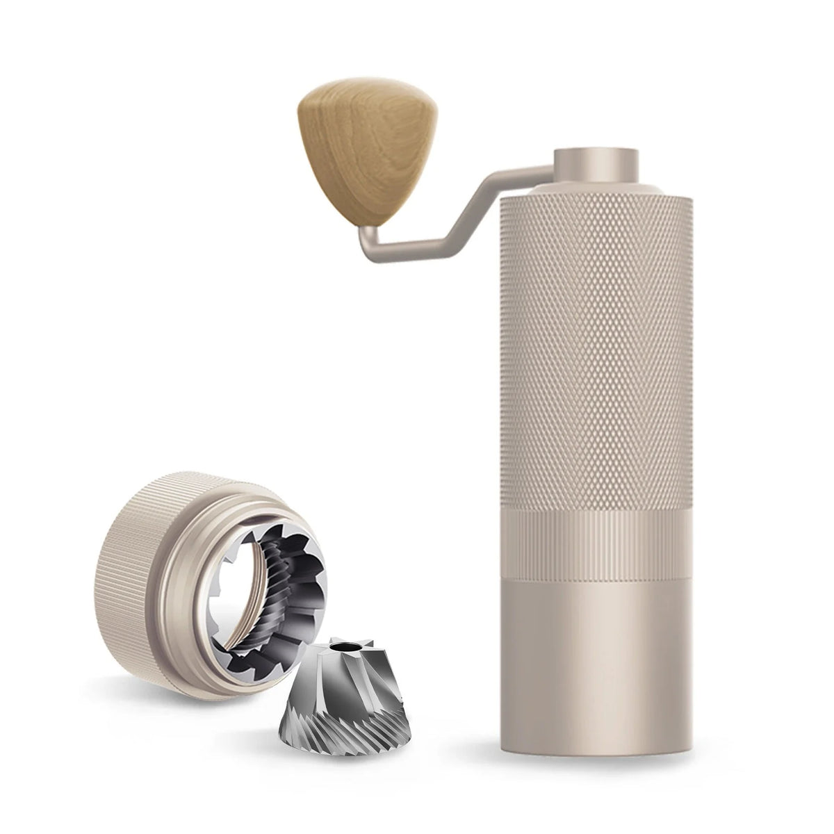 Silver MAVO Wizard 2.0 with its outer burr ring and alternative stainless steel conical burr removed