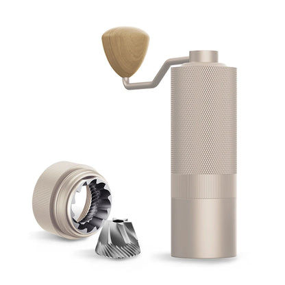 Silver MAVO Wizard 2.0 with its outer burr ring and alternative stainless steel conical burr removed