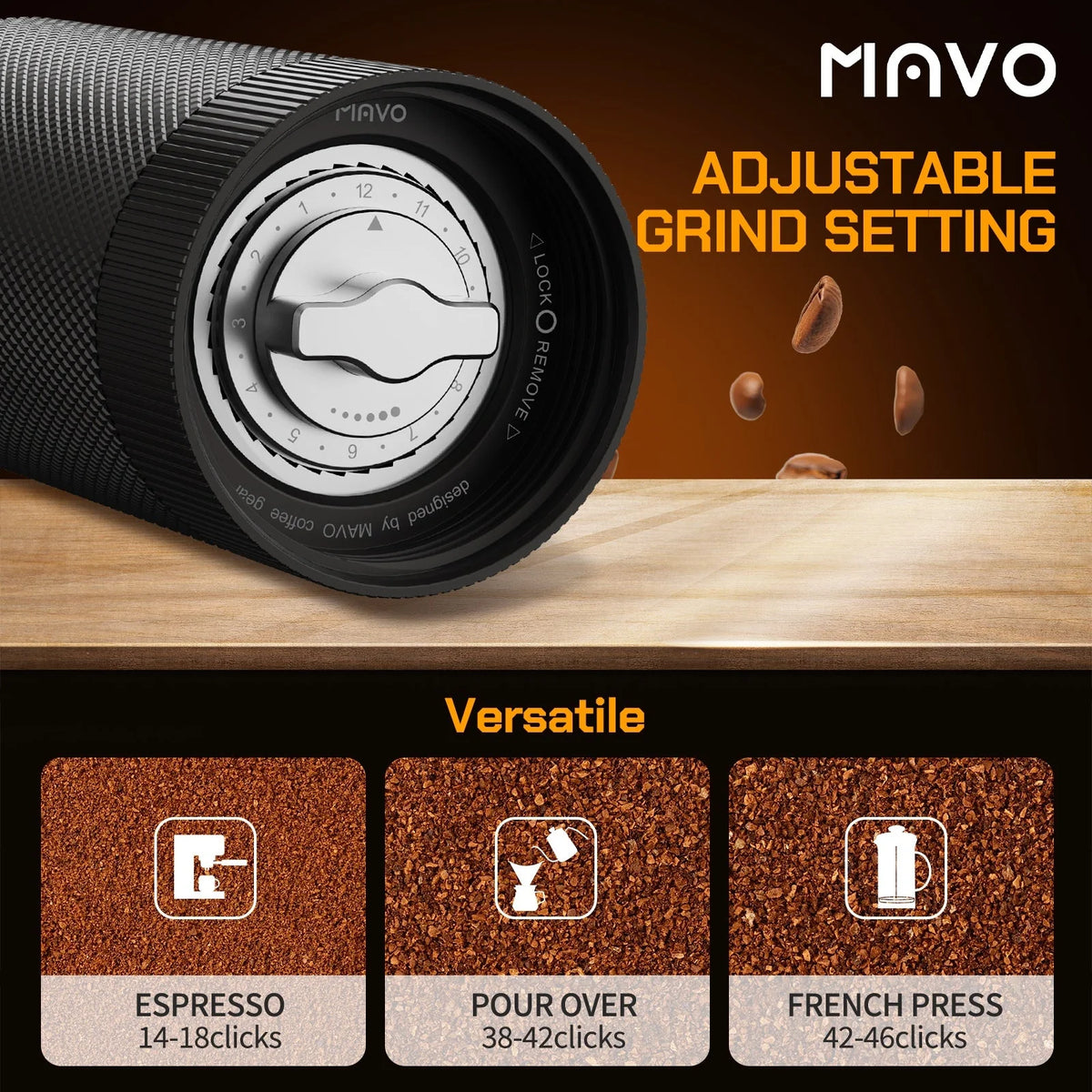 Close-up of the MAVO Wizard 2.0 click adjustment dial under the burr, with Versatile burr starting points: espresso 14-18, pour over 38-42, French press 42-46 clicks
