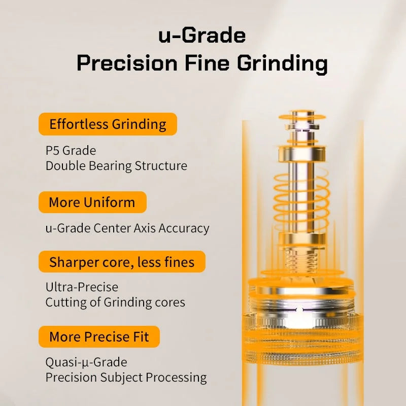 Cutaway of the MAVO Wizard 2.0 central shaft: P5-grade double bearing structure, centre axis accuracy and precision-cut grinding core