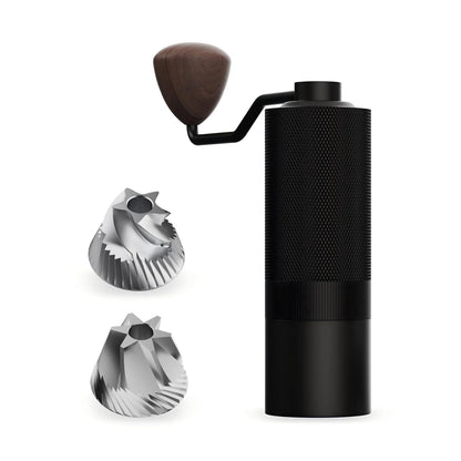 MAVO Wizard 2.0 in black with both burrs, the Versatile and Espresso burr set