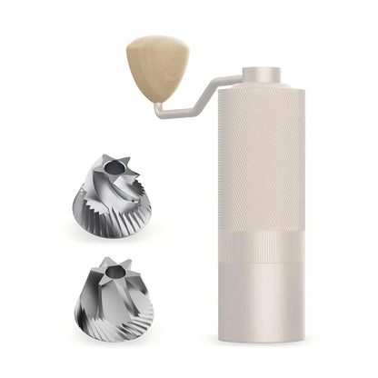 MAVO Wizard 2.0 in silver with both burrs, the Versatile and Espresso burr set