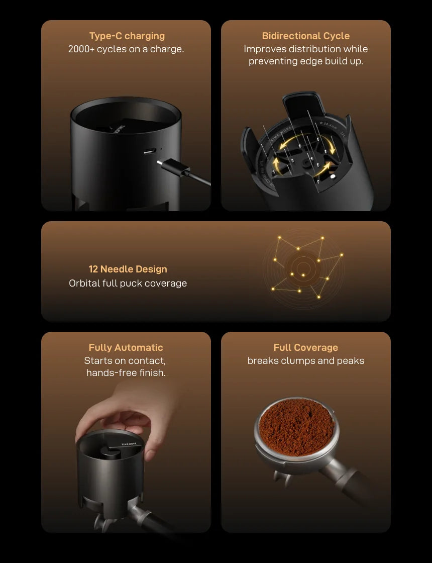 Feature cards for the Autospin: Type-C charging with 2000+ cycles per charge, Bidirectional Cycle that improves distribution while preventing edge build-up, 12 Needle Design with orbital full puck coverage, Fully Automatic start on contact for a hands-free finish, and Full Coverage that breaks clumps and peaks