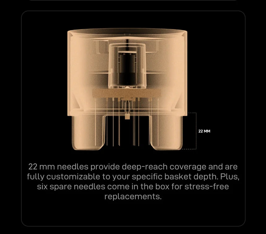 Amber cutaway render of the Autospin: 22 mm needles give deep-reach coverage and are customisable to your basket depth, with six spare needles in the box