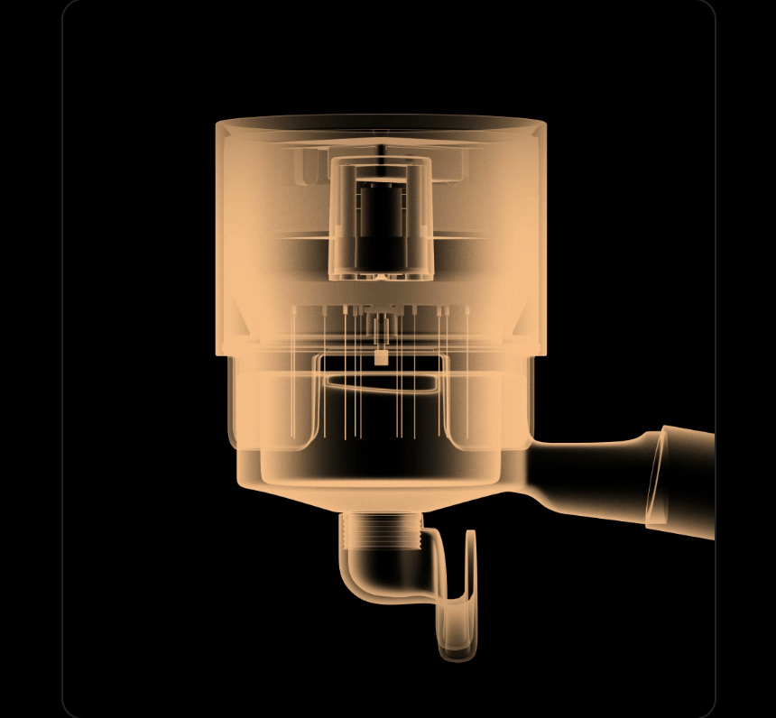 Animated: amber cutaway of the Autospin seated on a portafilter as the needles turn inside the basket