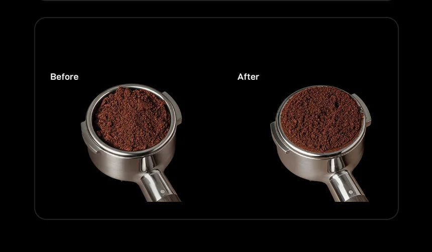 Before and after: a portafilter basket of clumpy, uneven grounds beside the same basket levelled and evenly distributed after Autospin