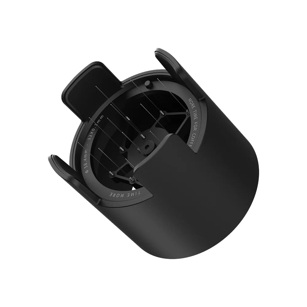Black TIMEMORE Autospin WDT Tool tilted to show its underside, with the ring of fine needles and the four support legs on a white background
