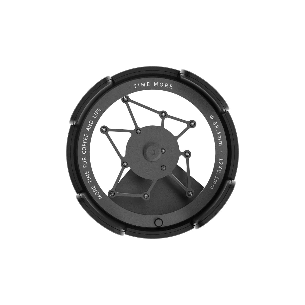 Top-down view of the Autospin WDT Tool in black, showing the open top and the planetary arm that carries the 12 needles around the 58.4mm opening