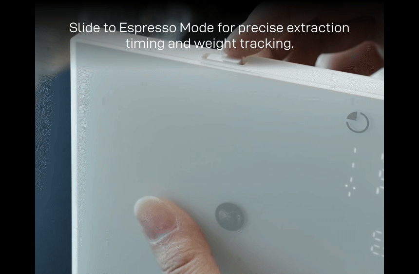 Espresso Mode: a finger moves the Basic 3's slider — 'Slide to Espresso Mode for precise extraction timing and weight tracking.'