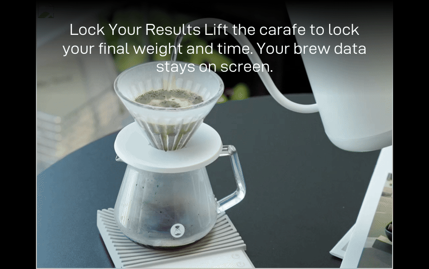 Lock Your Results: a pour-over finishing on the white Basic 3, the display holding the final weight and time — 'Lift the carafe to lock your final weight and time. Your brew data stays on screen.'