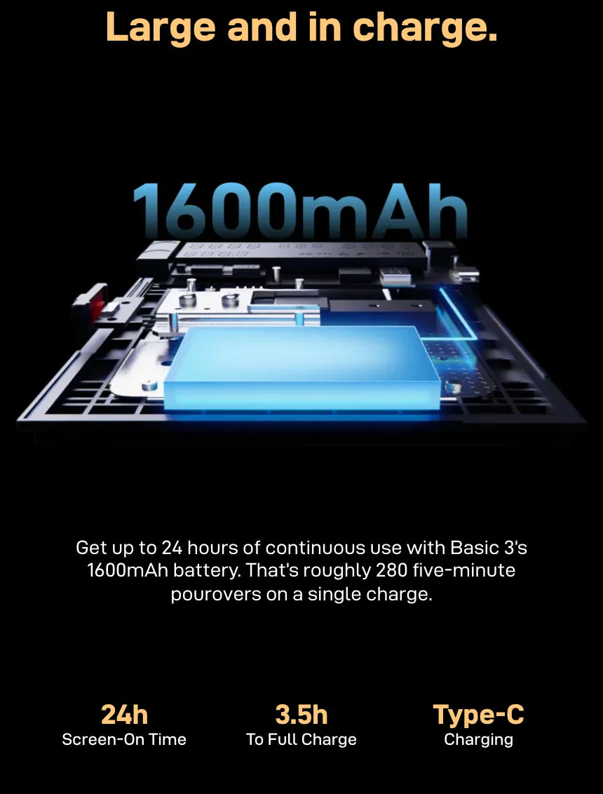 'Large and in charge.' Cutaway of the Basic 3 with its glowing 1600mAh battery: up to 24 hours of continuous use, roughly 280 five-minute pour-overs on a single charge; 24h screen-on time, 3.5h to full charge, Type-C charging