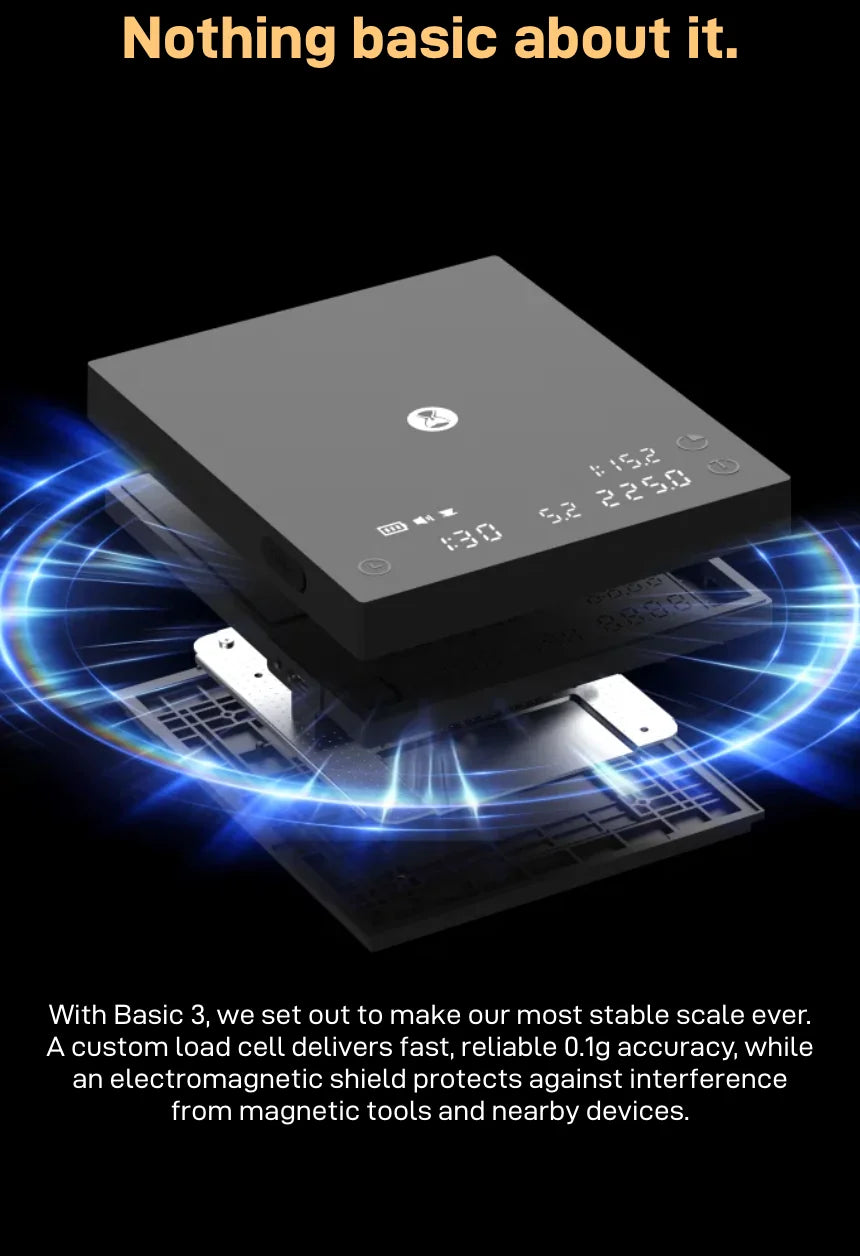 'Nothing basic about it.' Exploded Basic 3 ringed by blue interference waves: a custom load cell delivers fast, reliable 0.1g accuracy, while an electromagnetic shield protects against interference from magnetic tools and nearby devices