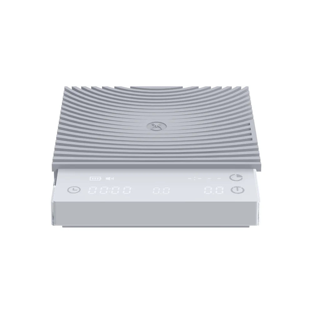 Low front elevation of the white TIMEMORE Basic 3 showing the 20mm-thin profile under the wrap-around mat