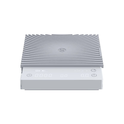 Low front elevation of the white TIMEMORE Basic 3 showing the 20mm-thin profile under the wrap-around mat