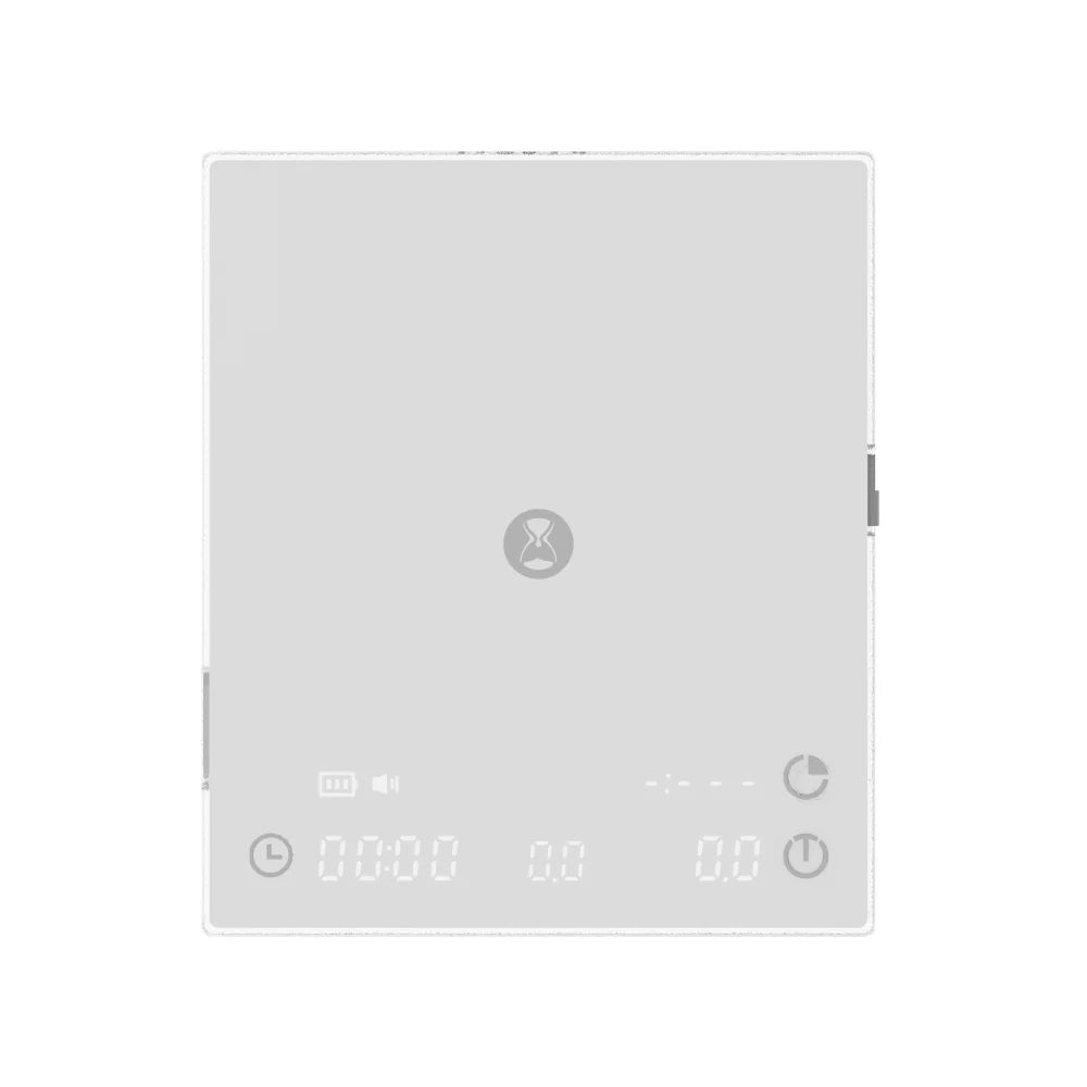 The white TIMEMORE Basic 3 with the mat removed, showing the plain top panel and the touch controls along the front