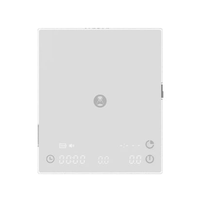 The white TIMEMORE Basic 3 with the mat removed, showing the plain top panel and the touch controls along the front