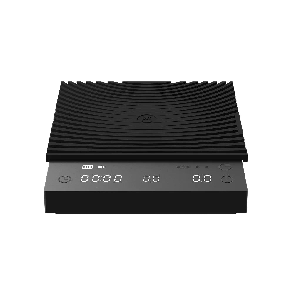 Low front elevation of the black TIMEMORE Basic 3 showing the 20mm-thin chassis under the wrap-around silicone mat