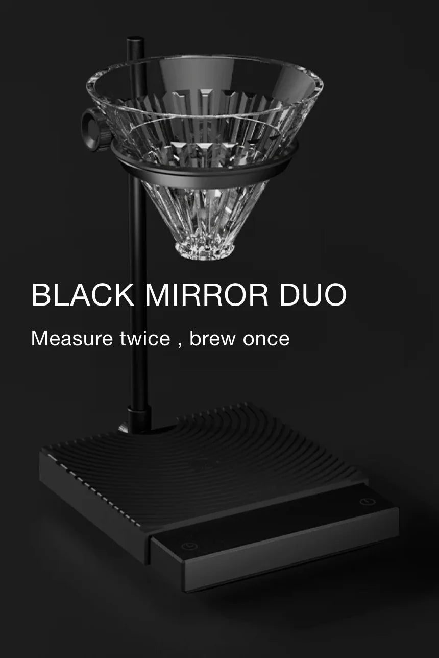 'BLACK MIRROR DUO — Measure twice, brew once.' A black pour-over dripper in a stand rising from the dual-load-cell scale with a textured droplet-pattern mat