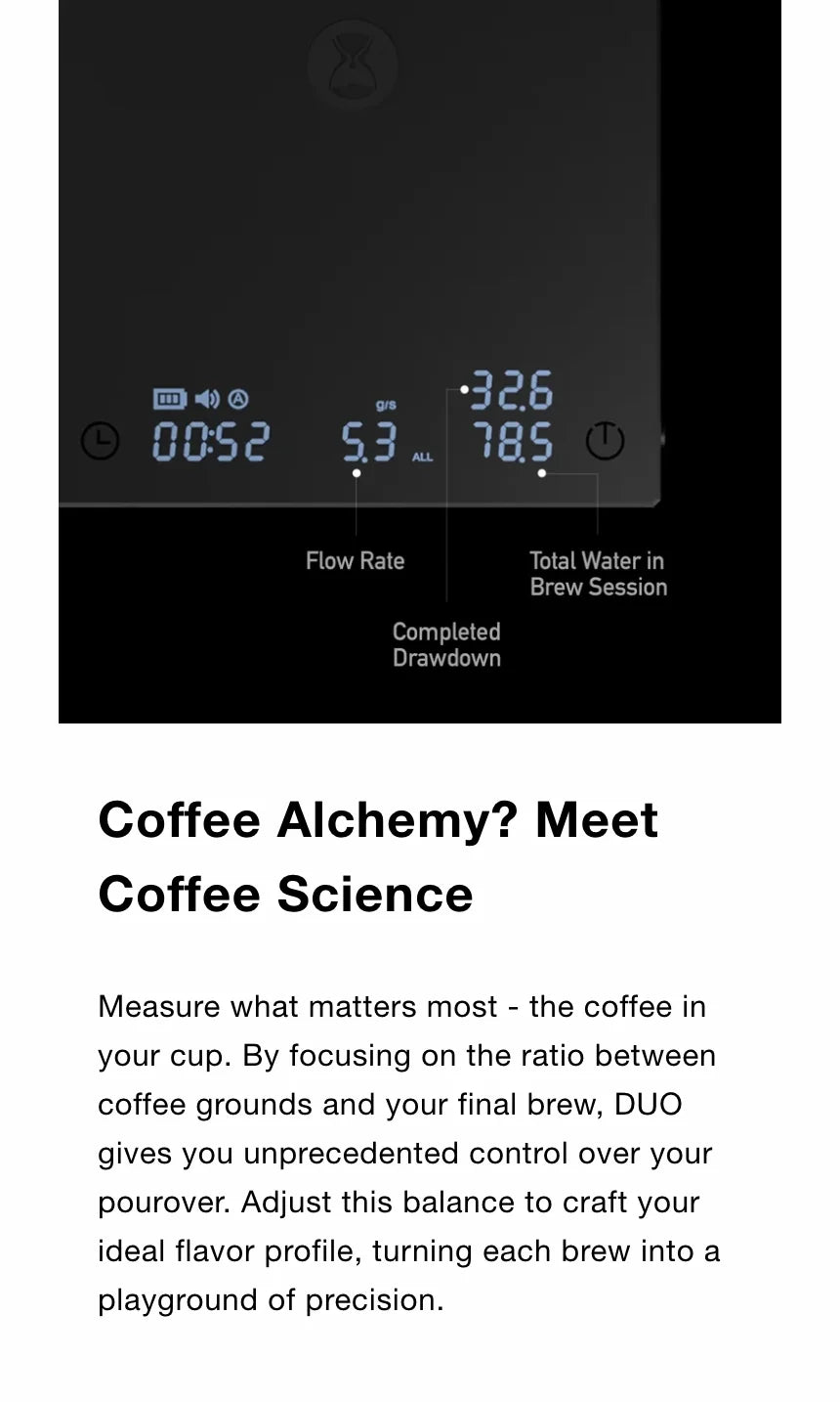 The DUO display glowing blue in the dark showing time 00:52, flow rate 5.3, brew weight 32.6 and 78.5 for total water, labelled Flow Rate, Total Water in Brew Session and Completed Drawdown; 'Coffee Alchemy? Meet Coffee Science.'