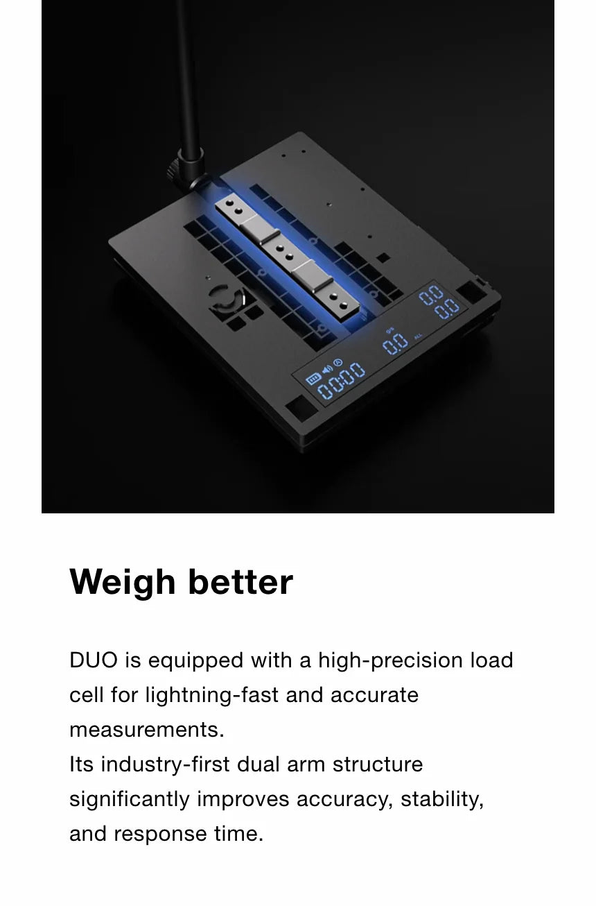 'Weigh better' — an exposed view of DUO's industry-first dual arm load cell structure under the scale, improving accuracy, stability and response time