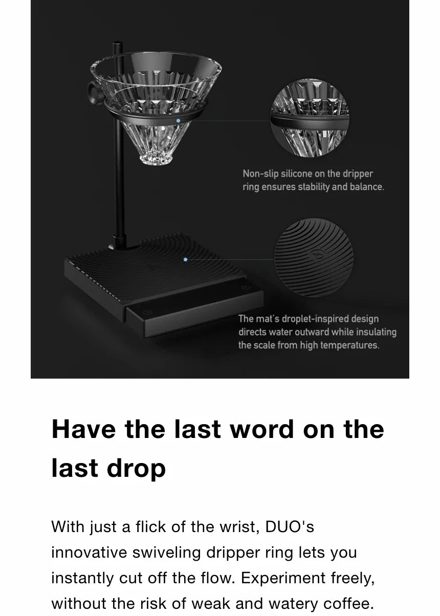 'Have the last word on the last drop' — DUO's swiveling dripper ring cuts off the flow in a flick of the wrist; callouts for the non-slip silicone on the dripper ring and the droplet-inspired mat that directs water outward while insulating the scale from high temperatures