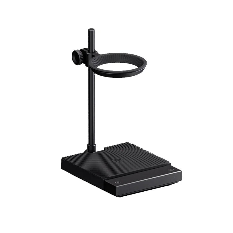 TIMEMORE Black Mirror DUO coffee scale in black on a white background: a droplet-pattern textured mat with the display at the front and a swivel dripper-ring arm on a vertical post