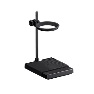 TIMEMORE Black Mirror DUO coffee scale in black on a white background: a droplet-pattern textured mat with the display at the front and a swivel dripper-ring arm on a vertical post