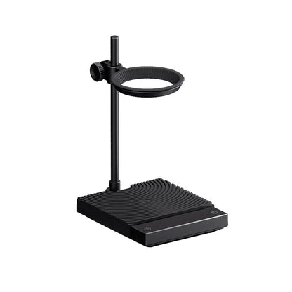 TIMEMORE Black Mirror DUO coffee scale in black on a white background: a droplet-pattern textured mat with the display at the front and a swivel dripper-ring arm on a vertical post