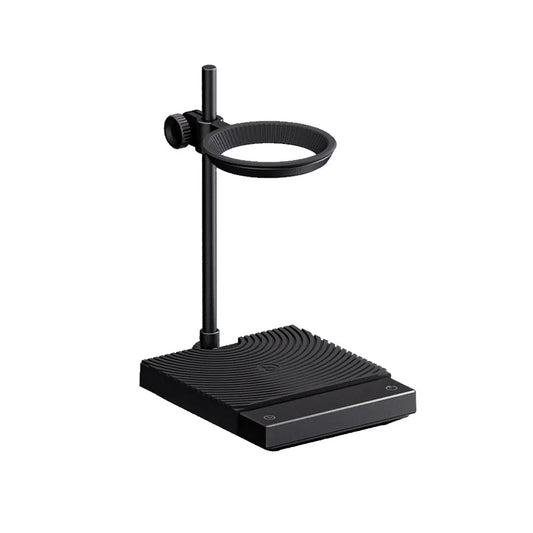 TIMEMORE Black Mirror DUO coffee scale in black on a white background: a droplet-pattern textured mat with the display at the front and a swivel dripper-ring arm on a vertical post