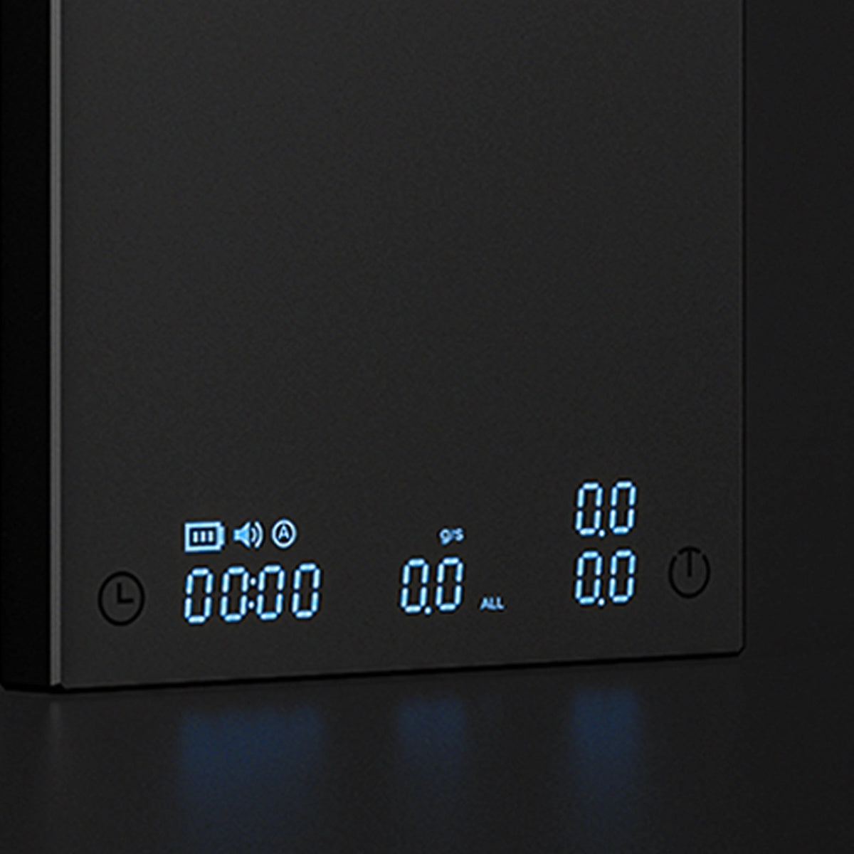 Close-up of the DUO's blue display showing a timer reading 00:00, a flow rate of 0.0 and two 0.0 weight readouts
