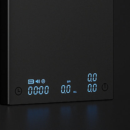 Close-up of the DUO's blue display showing a timer reading 00:00, a flow rate of 0.0 and two 0.0 weight readouts