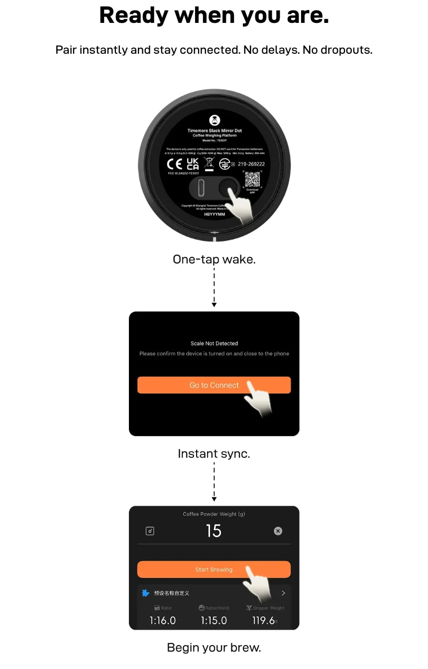 'Ready when you are.' — one-tap wake on the Dot's underside, instant sync with the phone app, then begin your brew