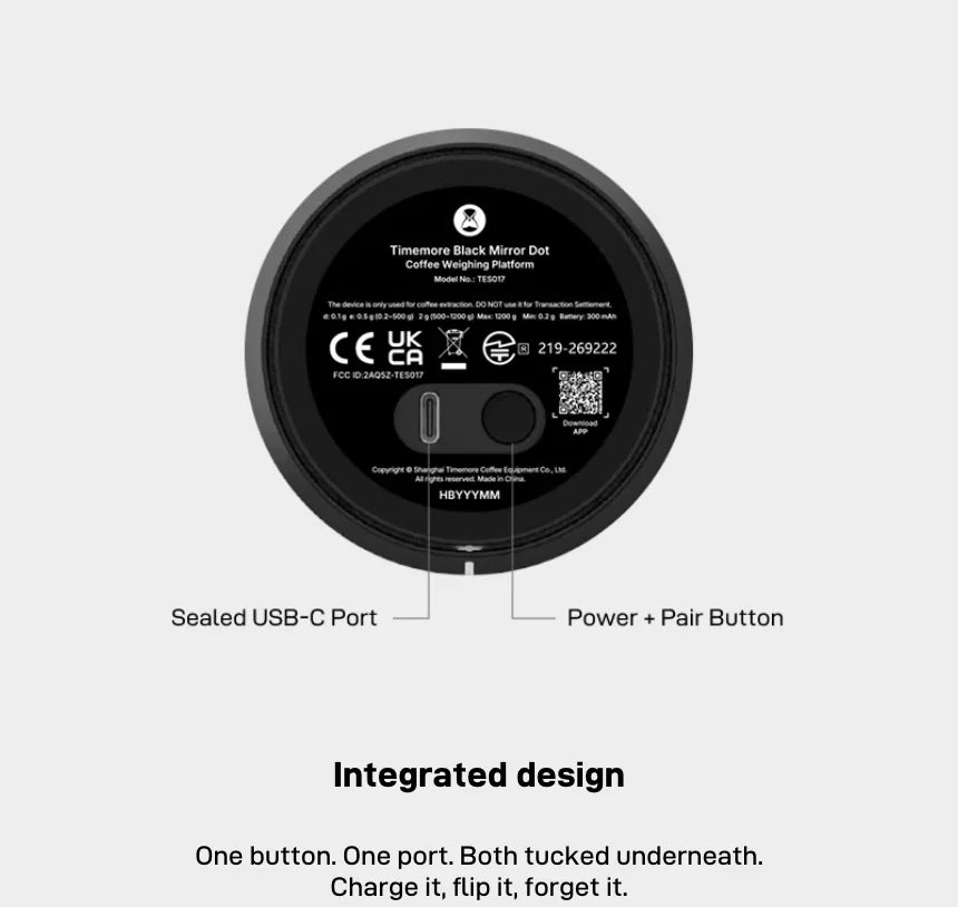 Integrated design: the underside of the Dot with a sealed USB-C port and a power and pair button, labelled 'One button. One port. Both tucked underneath. Charge it, flip it, forget it.'