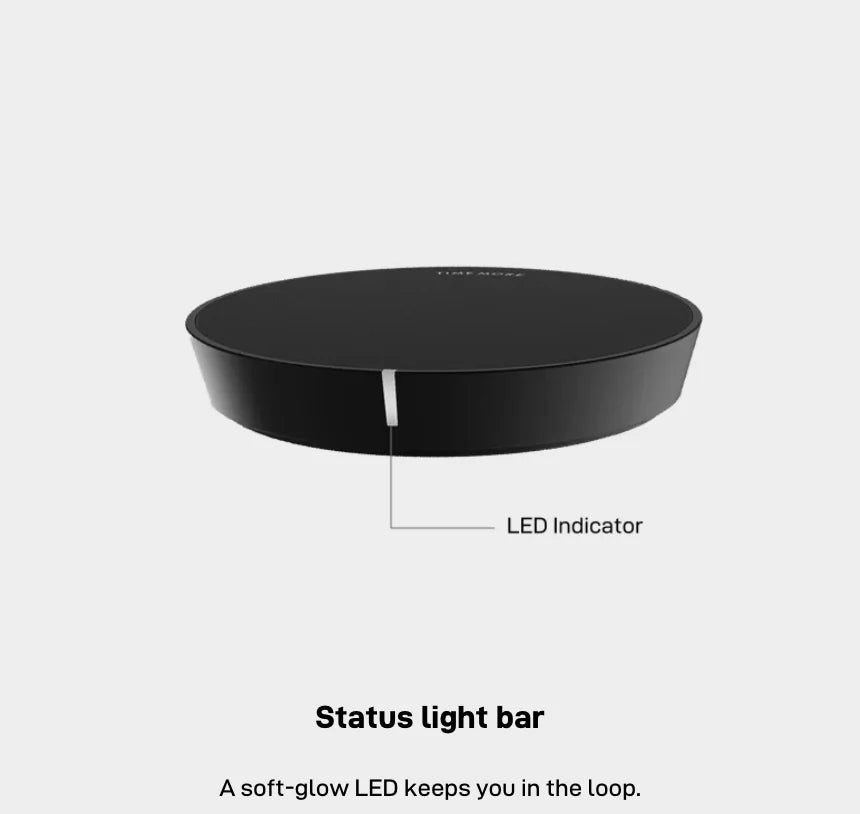 Status light bar: side view of the Dot with a white LED indicator on its rim, labelled 'A soft-glow LED keeps you in the loop.'