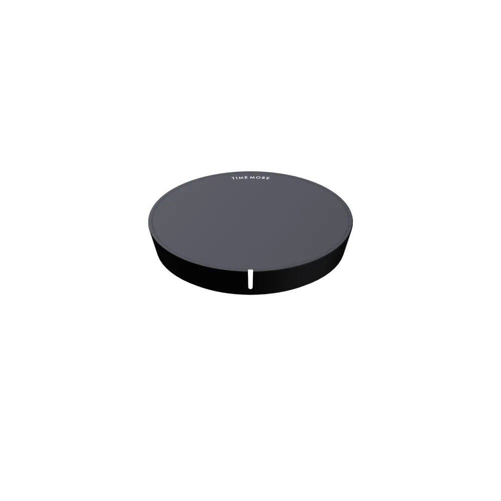 TIMEMORE Black Mirror Dot weighing platform in Black, three-quarter view of the round 80mm disc with the TIMEMORE logo on top