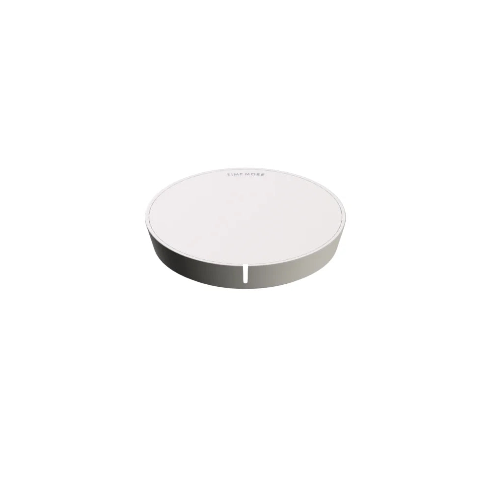 TIMEMORE Black Mirror Dot weighing platform in White, three-quarter view of the round 80mm disc with the TIMEMORE logo on top