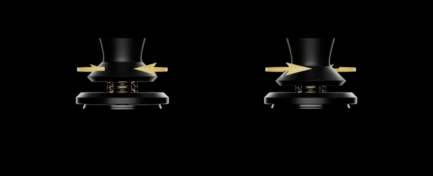 Animated: two Flow tampers with arrows showing the handle twisting in each direction to change tamp depth